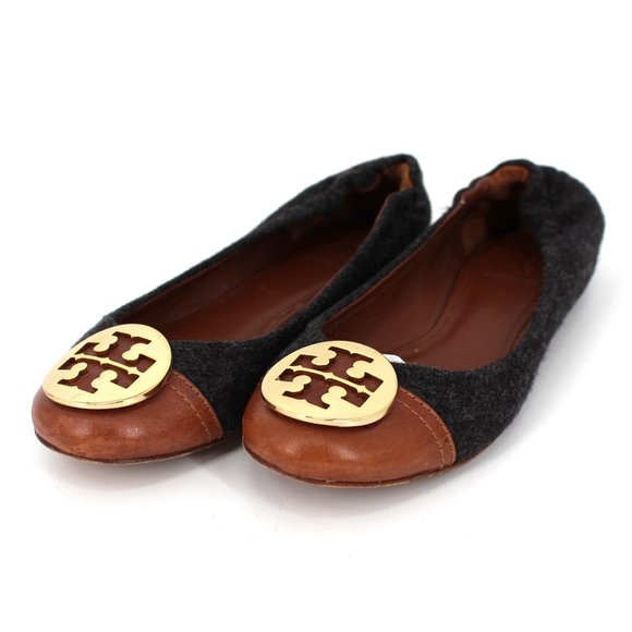 Tory Burch Shoes - Tory Burch Wool Leather Gold Logo Reva Flats 7M